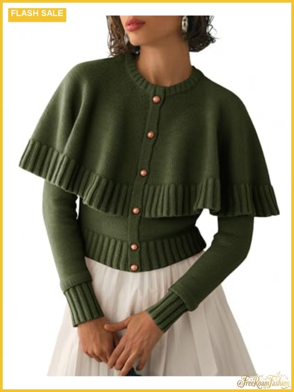Cropped Cape Cardigan Button Down Long Sleeve Knit Sweater Women